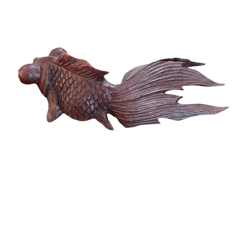 Hand Carved Wood Goldfish Figurine‎ Bubble Eye Sculpture Brown Nautical Decor